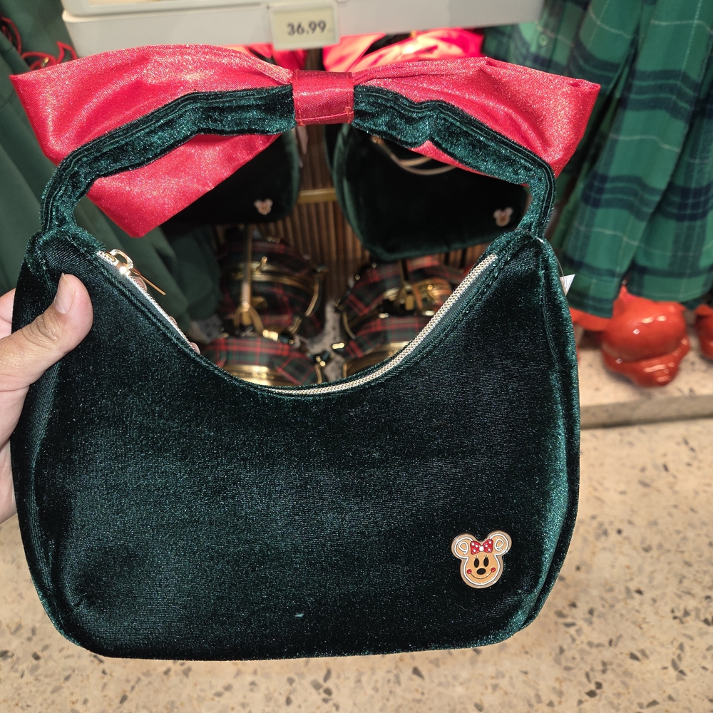 Disney Green Velvet Shoulder Bag with Red Bow